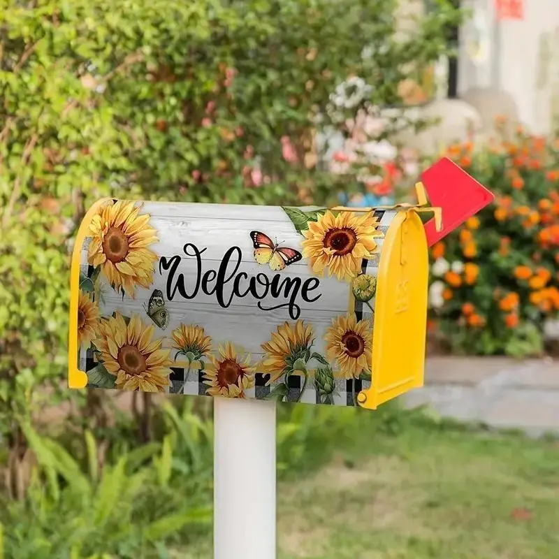 Magnetic Mailbox Cover, Decorative Sunflower Butterfly Decor, Buffalo Plaid Pattern, Fall Autumn Postal Box, Farmhouse Country Garden Decoration, Rustic Garden Mailbox Design