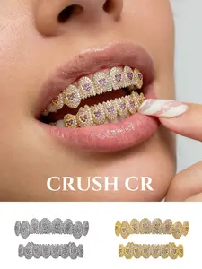 CRUSH CR 18K Gold Plated Iced Out Pink Heart Full Diamond Grillz Set for Men Women, Hypoallergenic Removable Top Bottom Tooth Caps, Perfect for Hip Hop Concerts, Music Festivals, Club Nights and Raves, Heavyweight Bling Y2K Dental Jewelry