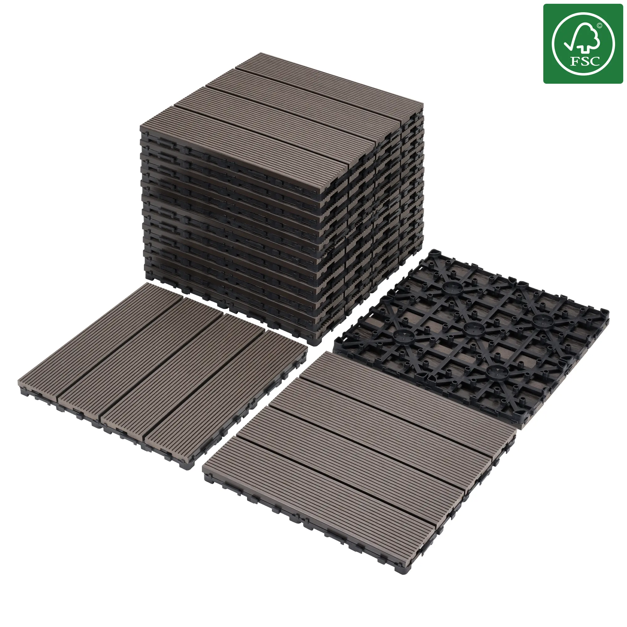 9-Pack DIY Interlocking Wood-Plastic Composite Deck Tiles (8.7 sq ft, Coffee) - Quick-Install, Waterproof, All-Weather Flooring with Drainage Base & Composite Decking Underlays for Patio, Backyard, Showers