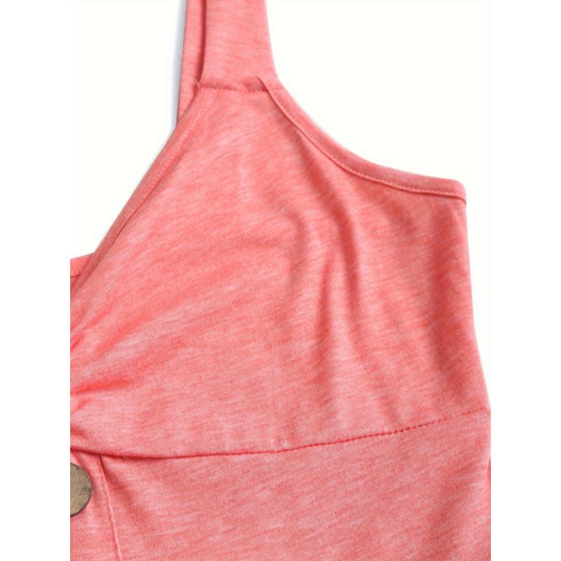 Light Pink Chic V-Neck Sleeveless Dress - A-Line Flare with Decorative Buttons & Ruched Detail, Polyester Blend, Machine Washable, Perfect for Spring/Summer/Fall  Casual Collar Fabric Womenswear Spandex Comfort Strap Strappy Women's Elegant Loose Midi hem
