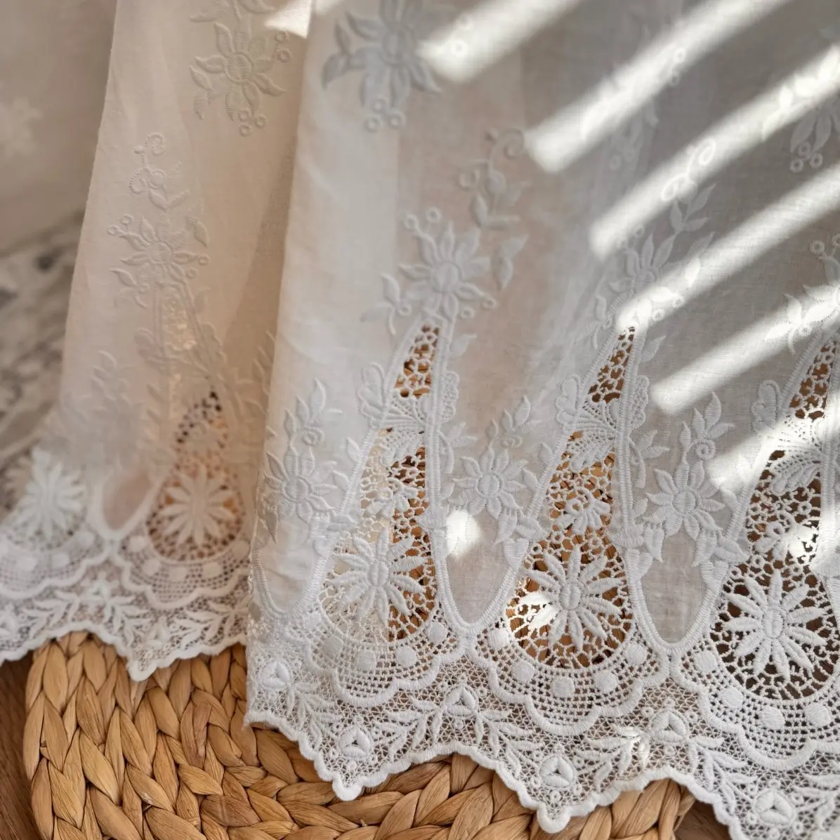 Eyelet Lace Cotton Fabric Off-White Color, Embroidered Material 53’’ Wide Swiss Dot Fabric, Perfect For Dress, Vintage Curtain, DIY Decore