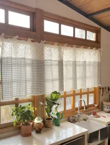 1 PC Light Coffee Vintage Buffalo Plaid Valance Stitching Crochet Kitchen Short Curtain Tier Light Filtering Rustic Half Window Drapes Cafe Bathroom Tie Top