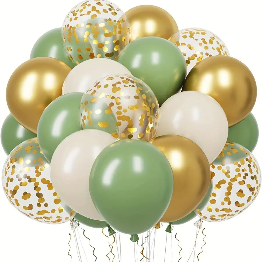 51pcs Round Sage Green Golden Confetti Balloons - 12in Happy Birthday Balloons for Weddings, Eucalyptus Party Decorations, Balloon Decor, Birthday Decor
