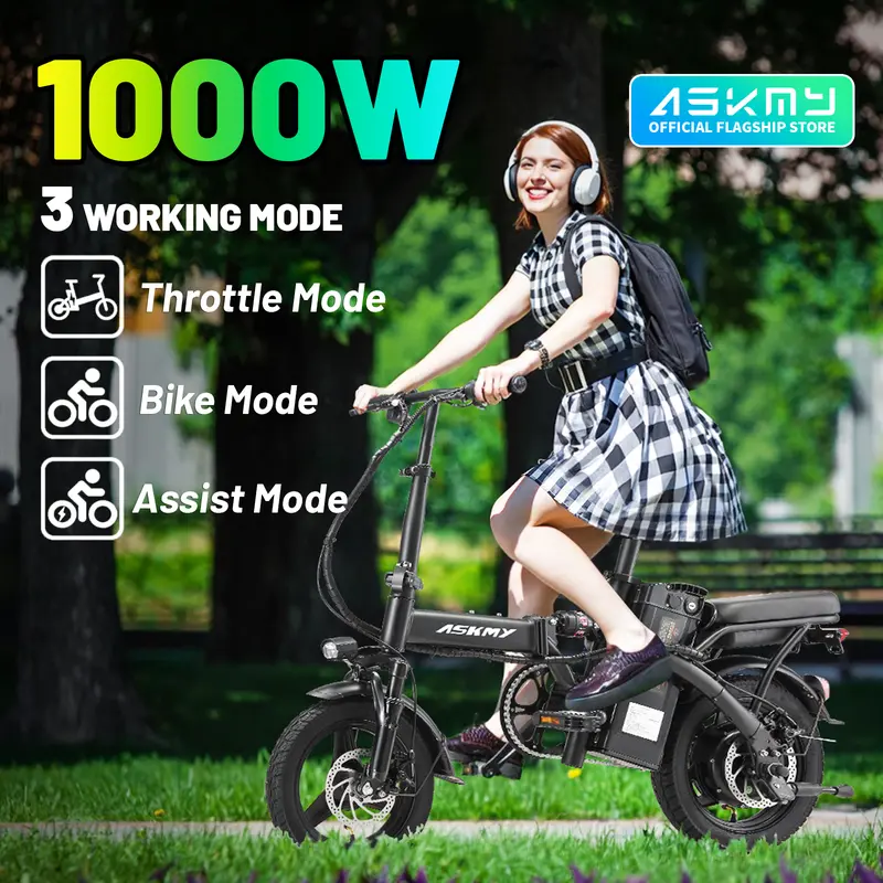 ASKMY E14 Compact Folding E-Bike - 1000W Peak Power, 45 Mi Extended Range, 14" Tires, Dual Disc Brakes, UL-Certified Safe Battery, Lightweight Modern Portable Fold Bike for Urban Commuters with Seat & Mobility Freedom, Fold Bikes
