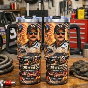 Dale Earnhardt 25 Years Memorial 40oz Tumbler, Intimidator No. 3 Race Car Tribute Travel Mug, Patriotic Eagle Auto Racing Cup with Black Handle