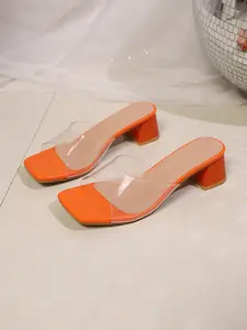 Women's Transparent PU Leather Sandals, Summer Square Toe High Heel Slippers, 5cm Mid-Heel Thick Sole, All over Print, Below Ankle Height Footwear Style