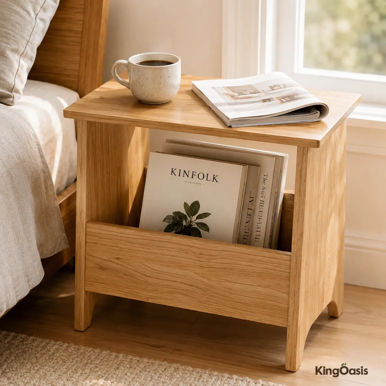 King Oasis Slim Oak Nightstand - Minimalist Modern Bedroom Accent Piece, Contemporary End Table, Indoor Side Table, Space Saving Furniture with Open Storage for Small Room Ideas