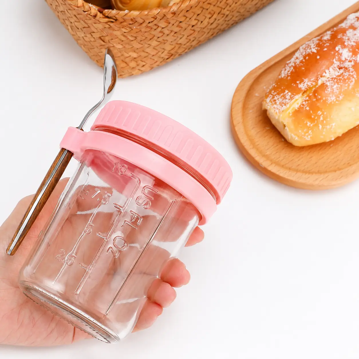 16 oz Leak-Proof Overnight Oats Jar with Screw Lid, Built-In Spoon Holder & Spoon - Glass Healthy Eating Container for Meal Prep, On-The-Go Work/School Use