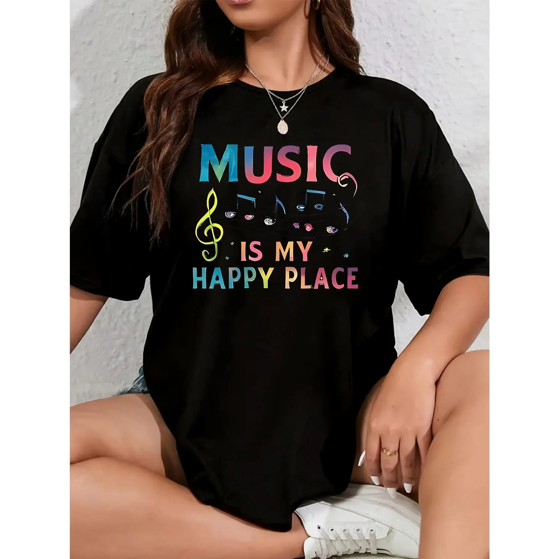 Plus Size Women's T-Shirt with Colorful Rainbow Graphic, Casual Crew Neck Short Sleeve Top in an Oversize Loose-Fitting Polyester, Round Neck, Colorful Style