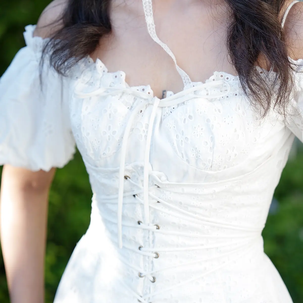 Lily of the Valley Corset Dress-LuminaVenus Dresses Vintage Cottagecore  White Dress Puff Sleeve Corset Wedding