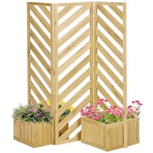 Outsunny Fir Wood Outdoor Ready Space Divider, Freestanding Privacy Screen with 4 Self-Draining Planters, 3 Trellis Look Plant Support Panels for Garden Walkway, Backyard