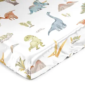 Sweet Jojo Designs Watercolor Dinosaur Dino Boy Baby Satin Fitted Crib Sheet Infant Newborn Nursery Toddler Bed Room Standard Mattress Green Slate Blue White Modern Jurassic Nature Animal Steel Tan