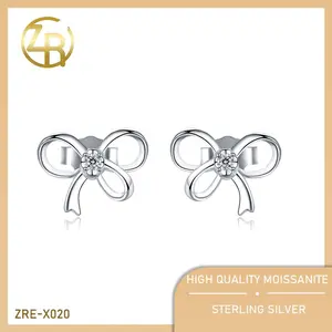 【ZRE-X020】-0.15CT*2 Round cut Synthetic Moissanite Earrings for Women Bow stud earrings 925 Sterling Silver Earrings for Women D Color VVS1 Clarity Moissanite Earrings for Women Girls Promise Birthday Gift For Her With Certificate Anniversary Auspicious