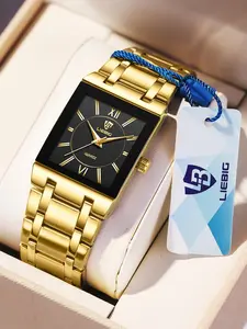 Fashion Square Dial Quartz Watch, Casual Waterproof Stainless Steel Strap Wristwatch for Couple, Trendy Watch for Daily Use As Gift with Box, Modern Fashionable Wristwatch