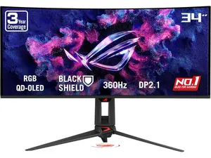 ASUS ROG SWIFT 34 inch QHD 2K 1440P 360Hz AMD FreeSync Premium Pro & G-SYNC Compatible 0.03ms HDR500 AUTO KVM TANDEM ROG BLACK SHIELD USB-C OLED Curved Gaming Computer Monitor with  Height Adjustable, Swivel & Tilt Stand PG34WCDN