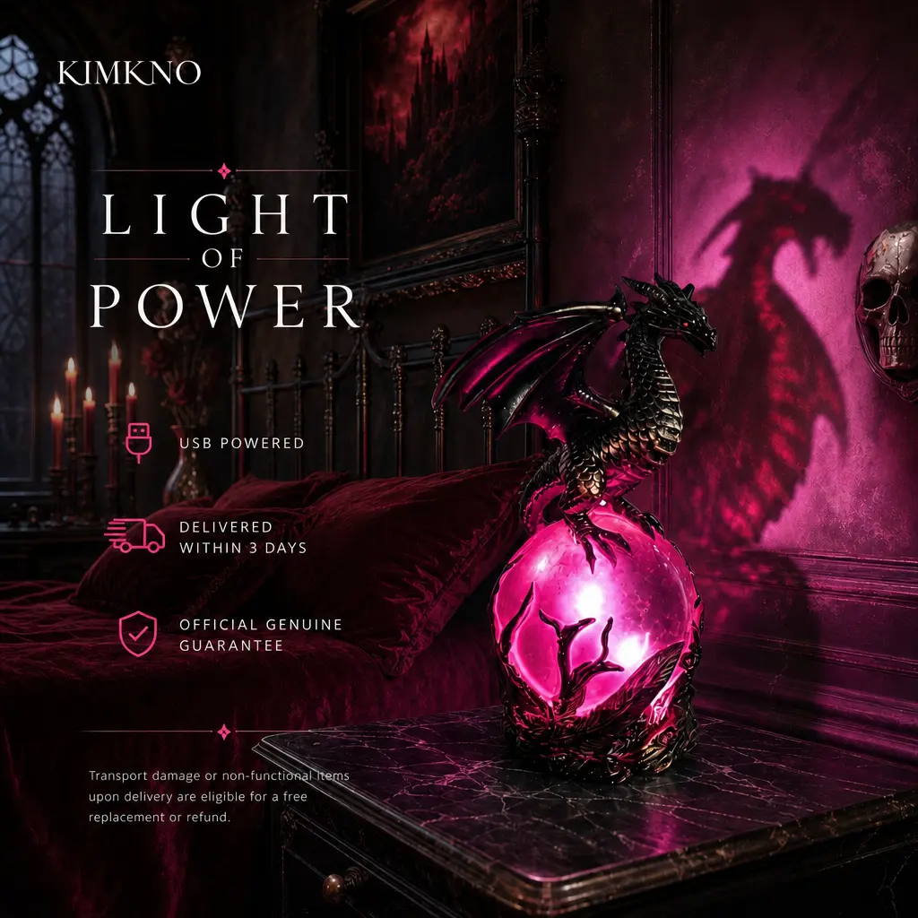 Gothic Dragon LED Crystal Ball Night Light, USB Powered Intricate Scales Resin Dragon Statue Lamp with Flicker Free Soft Pink Glow, Dark Aesthetic Fantasy Decor for Bedroom Nightstand Bookshelf, Witchy Mystical Ambient Light for Cozy Goth Room Relax