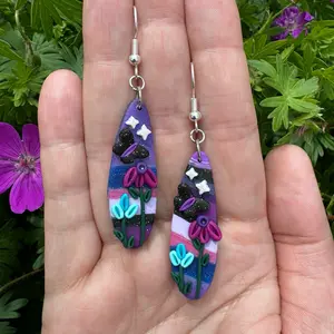 Butterfly Floral Purple Polymer Clay Drop Earrings