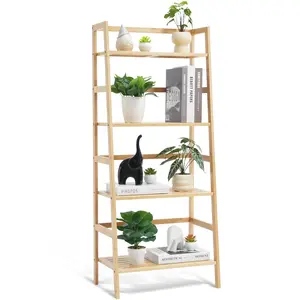 4-Tier Bamboo Ladder Shelf, Rattan Shelf, Trapezoid Open Bookshelf, Display Storage Rack Organizer, Freestanding Plant Stand, Ladder Bookshelf For Bathroom, Bedroom, Office, Study, Living Room, Balcony, Dorm, Natural Finish