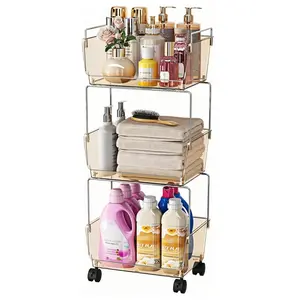 Delamu 3-Tier Metal Rolling Cart for Kitchen, Bathroom, Office, Plastic Utility Storage Carts with Wheels, Ideal for Small Spaces, Pantry, Classroom, Workshop Organization and Storage, Amber