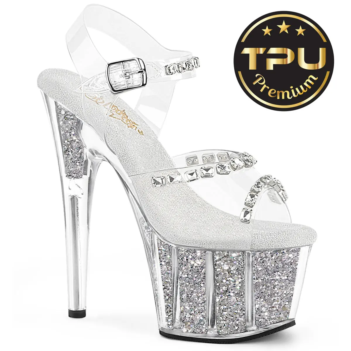 Women's Classy High Heel Sandals, 7" Statement Platform with Rhinestones, Transparent Polyurethane Strap and Silver Glitter, Footwear, Fashion, Elegant, Stylish, Heeled, Ankle Strap, Open Toe, Shoe