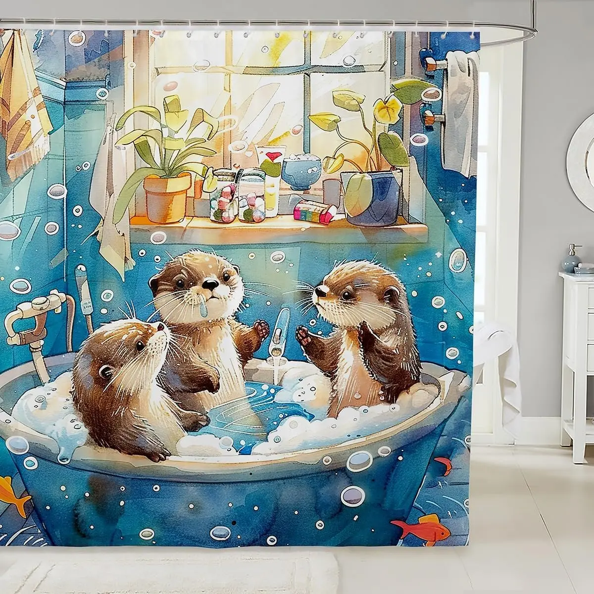 Cartoon Otter Shower Curtain,Underwater Animals Bathroom Curtain Room Decor,Funny Bath Theme Otter Waterproof Curtain Watercolor Blue Bath Curtain,