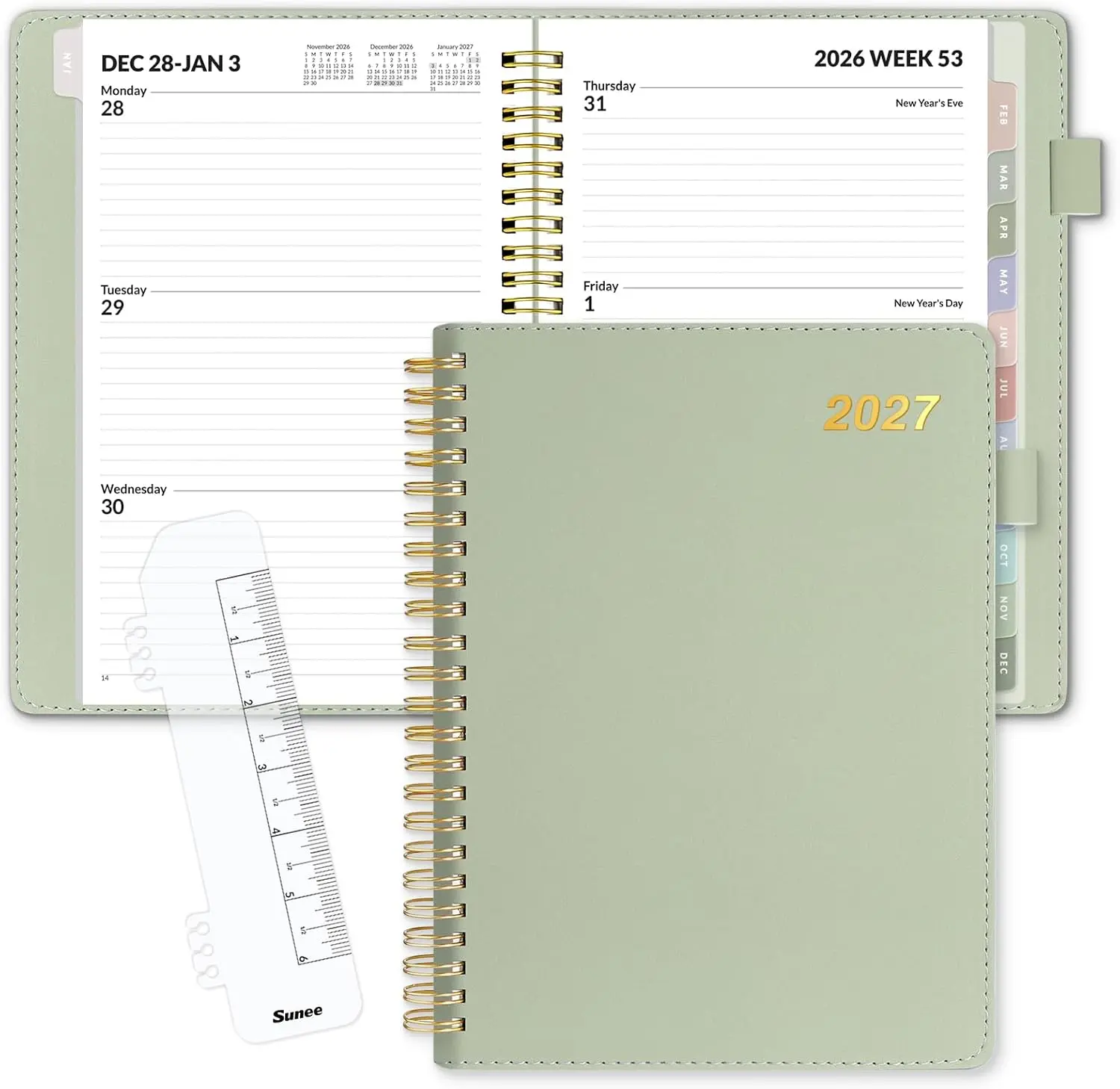 SUNEE 2027 Weekly & Monthly Planner, January-December 2027, 6.2" x 8.5" Spiral Planner with Vegan Leather Cover, Monthly Tabs, Pocket & Bookmark, Sage Green