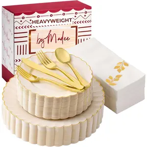 HEAVYWEIGHT 175 Pc Fancy Dinnerware Sets|   Ivory Scalloped with Gold Trim|   Nice Cutlery and Glam (50 Guests)