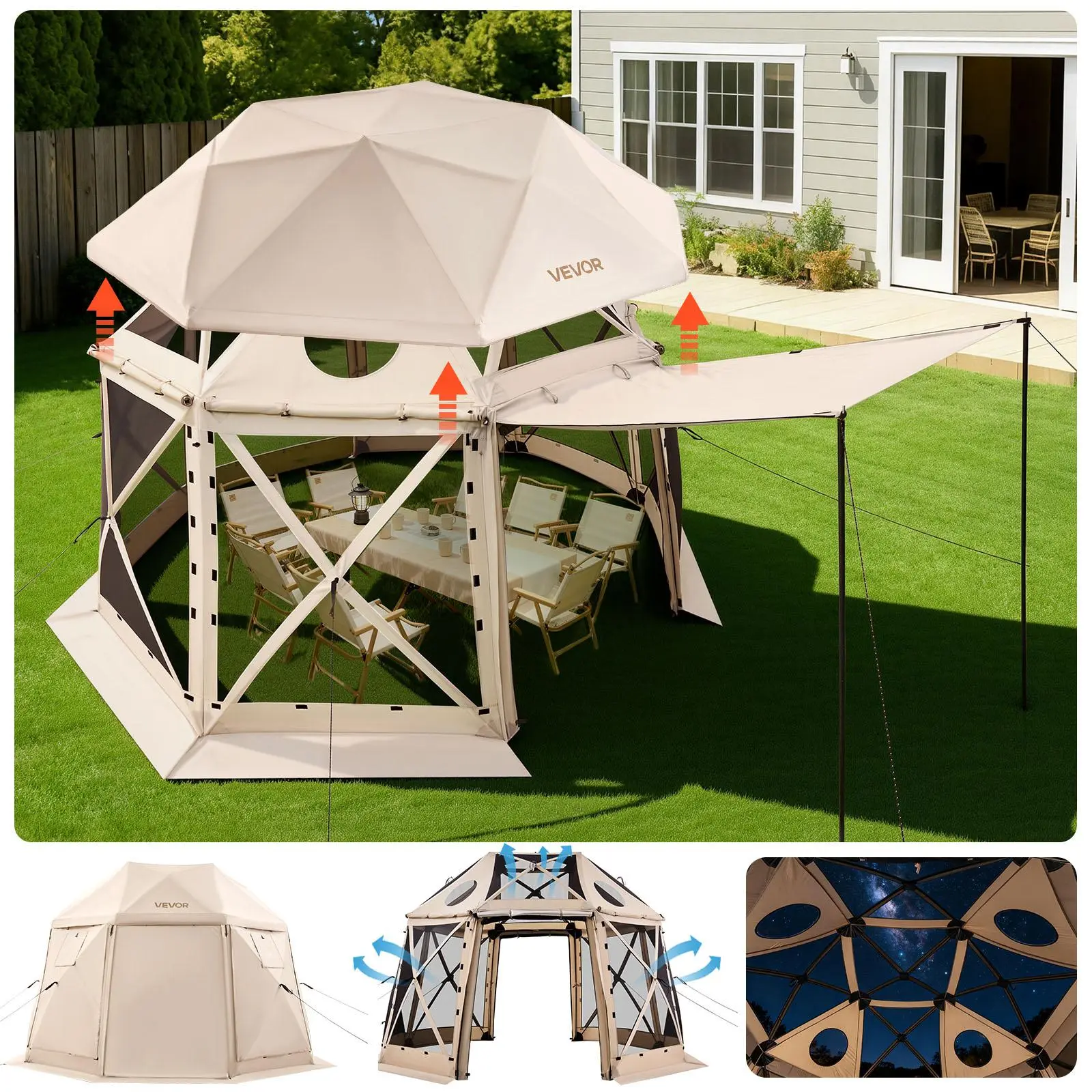 VEVOR Pop up Gazebo Screen Tent, 12 x 12 ft, 13-Sided Spherical Camping Canopy Tent with Removable Top & Carry Bag, Quick-Set & Bite-Proof, Screen House Sun Shelter for 8-10 Persons, Beige#BacktoSchool