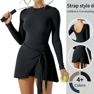 Women's Long Sleeve Athletic Tennis Golf Dress with Built-in Shorts & Removable Pads for Comfort & Style in 4+ Colors