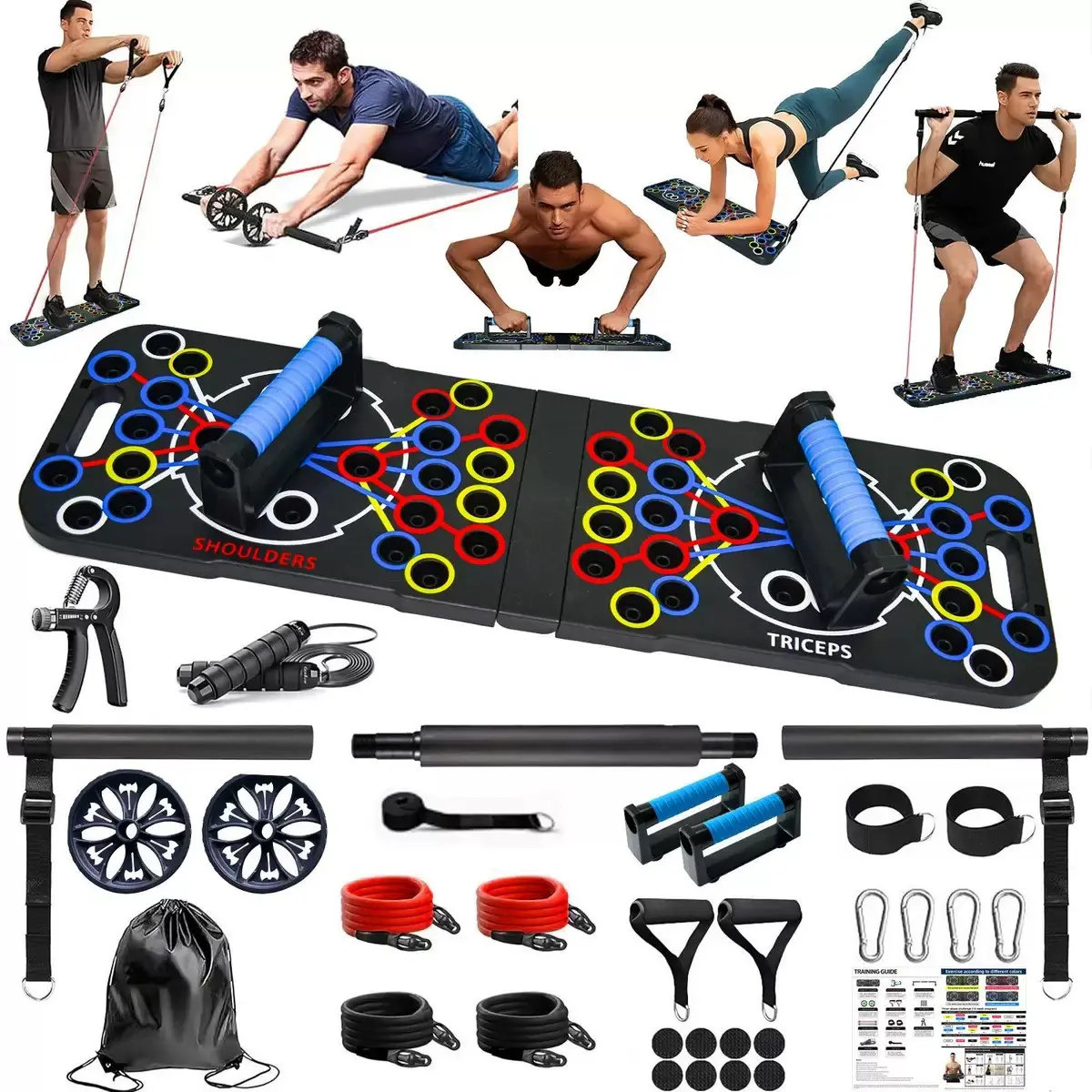 HOMHUT Solid Foldable Push Up Board, All-in-1 Unisex Home Strength Training Equipment, Multi-Functional Pushup Stands System for Chest & Abs Muscle Exercise, Fat Burning Fitness Gear, Outdoors, Trips, Ergonomic, Space-Saving, Style 3 - Blue, Adjustable, W