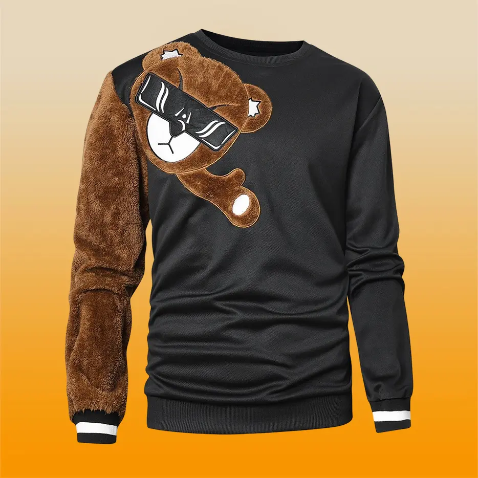 Men's Bear Embroidery Thick Warm Fleece Pullover - Black Cozy Casual Loose Fit Crew Neck Sweatshirt for Fall Winter