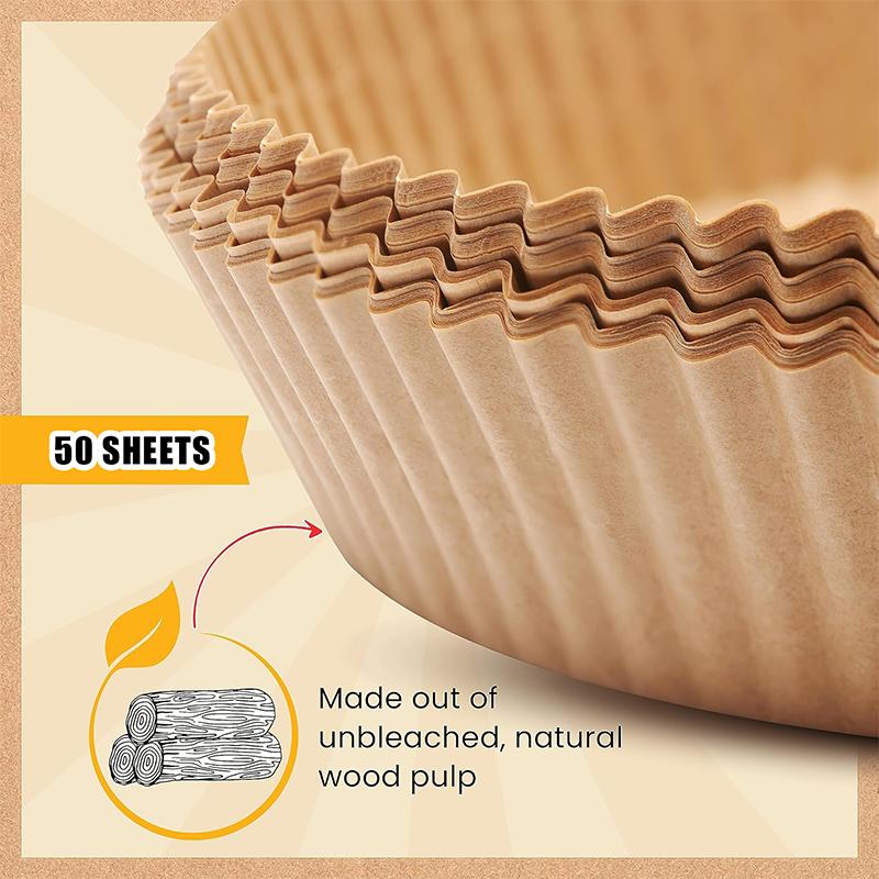 Disposable air fryer liners, 50 pcs [food-grade material]. Unbleached parchment paper liners—nonstick, waterproof, and oilproof—for 5–8 qt air fryer baskets, baking, roasting, microwave, and oven.