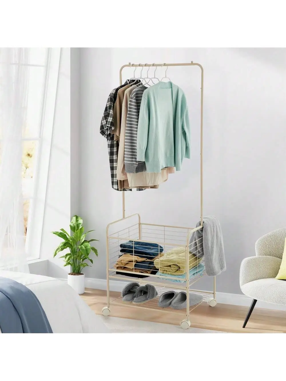 Gaomon Multifunctional 3-In-1 Metal Rolling Laundry Cart with Shelf - 24.4" w x 19.7" d x 67.7" h Beige, Rolling Wheels, Hangable Drying Rack, Garment Rack, Secure Smooth Mobility, Space-Saver Single Unit for Small Apartments, Bath (Up to 8 Bath Towels)