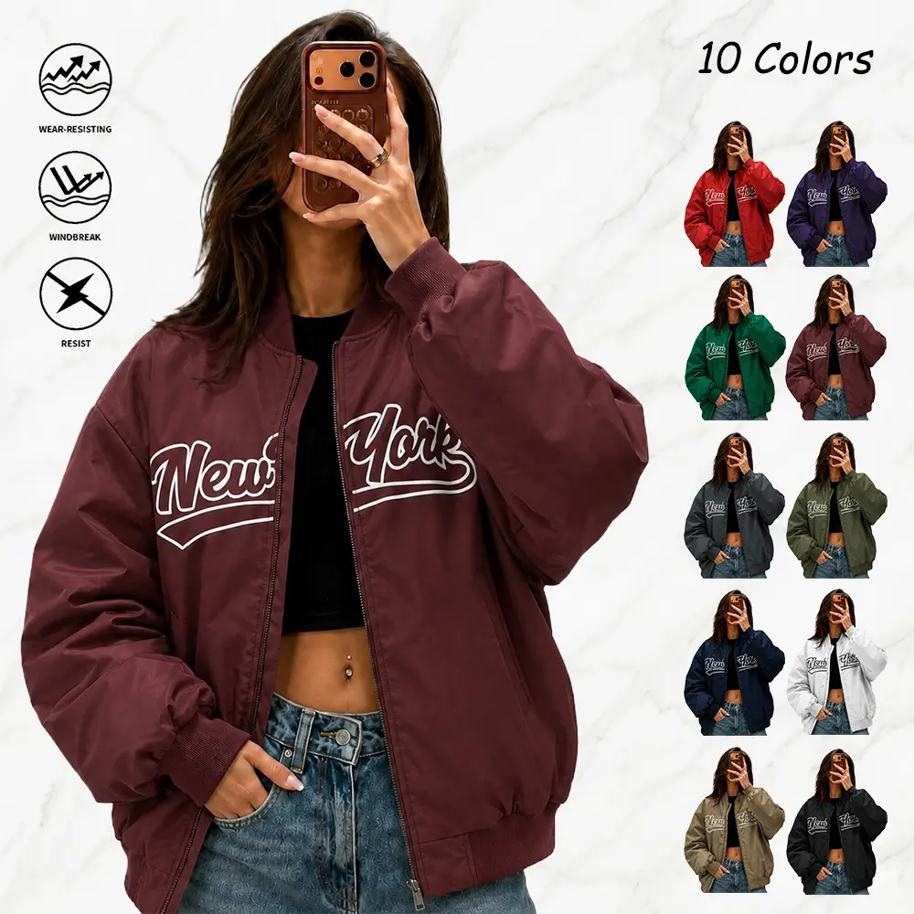 Women’s Lightweight Aviator Jacket - New York Print Zip-Front Collegiate-Style Oversized Loose-Fit Casual Outerwear Clothes for Outdoor Activities, Cycling (Multiple Colors Available)