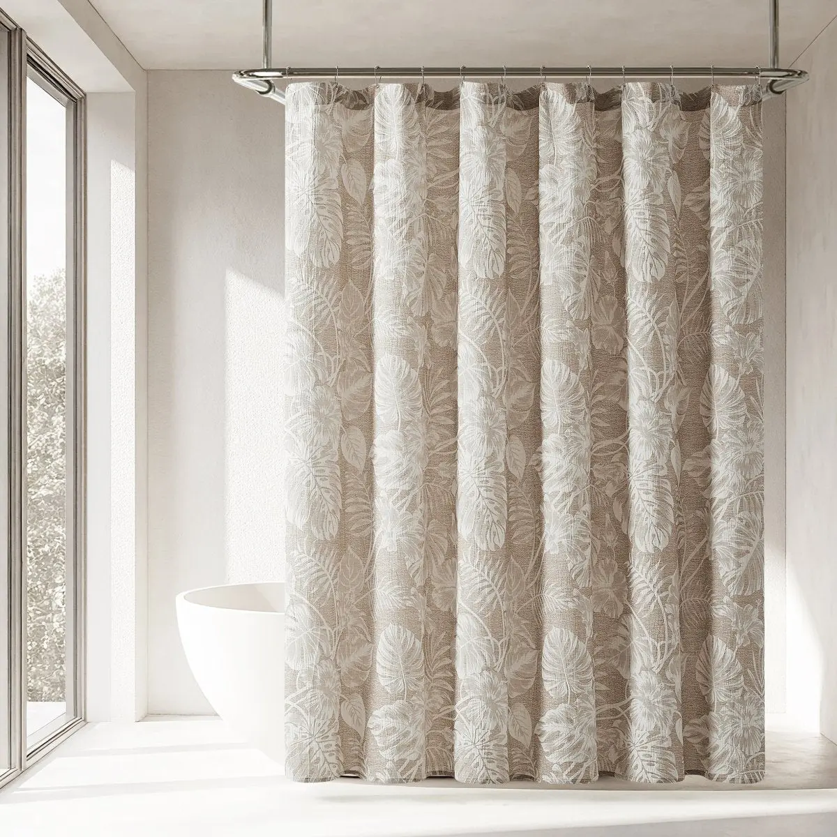 Lush Decor Bali Tropical Leaves Cotton Blend Shower Curtain - 72x72" 1-Piece Lightweight Fabric Shower Curtain, Boho Coastal Style, Machine Washable, Button Holes, Easy Installation Bathroom Home Supply, Shower Curtains, Fabric Shower Curtains