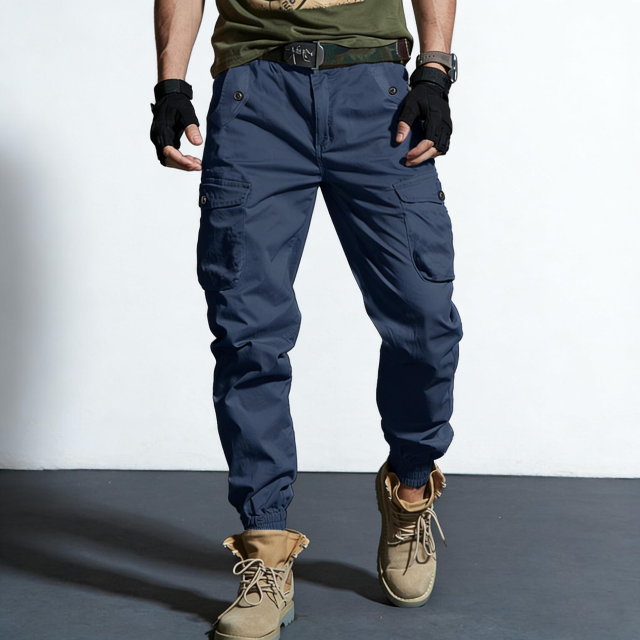 Two-pack: woven plain fabric and solid-color men’s cargo pants featuring an elastic waistband with drawstring, a loose straight tapered fit, multiple pockets including large pockets—ideal for everyday casual wear and work, perfect for cargo outfits and ou