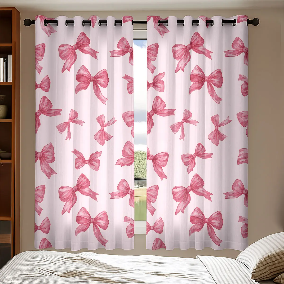 2 panels Bow Print Light Filtering Home Decoration Window Curtain Panels, Home Decorative Curtain, Classic Polyester Ring Top Drapes for Kitchen Living Room Bedroom Bathroom