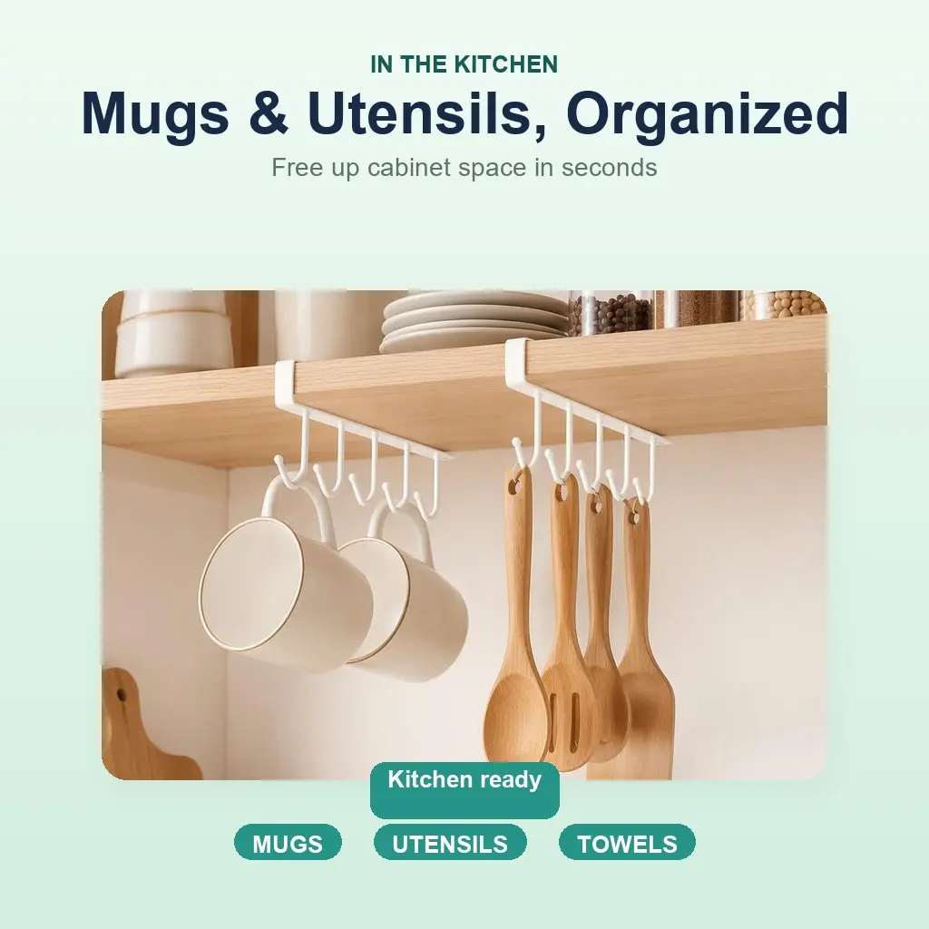 3-Pc Under Shelf Mug Hanger Set – Black/White, 6 Detachable Hooks, Drill-Free Cabinet Organizer for Cups, Mugs & Keys – Space Saver for Small Kitchens! wardrobe door Installation Matte