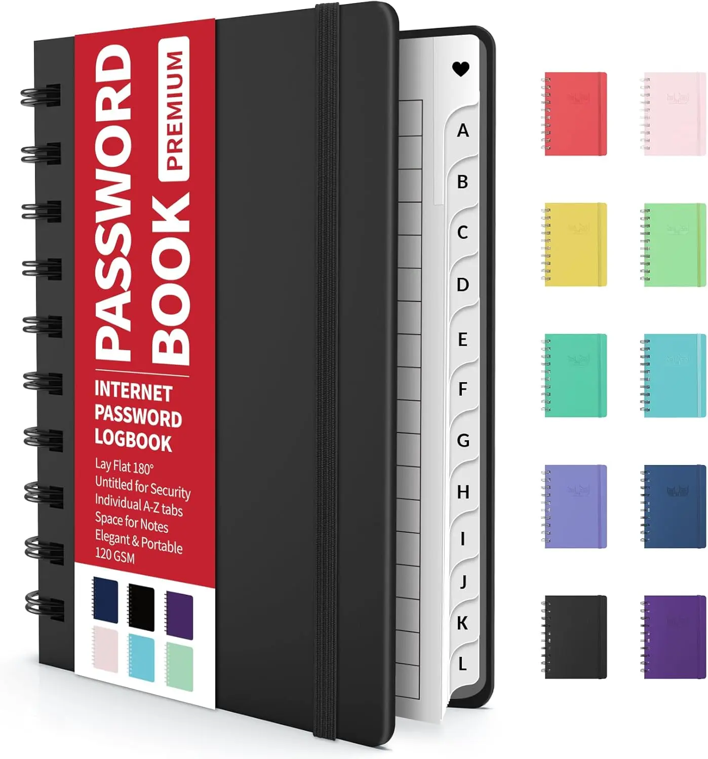 Password Book with Individual Alphabetical Tabs, 4" x 5.5" Small Password Notebook, Spiral Password Keeper, Internet Address and Password Manager, Password Logbook for Home Office, Black