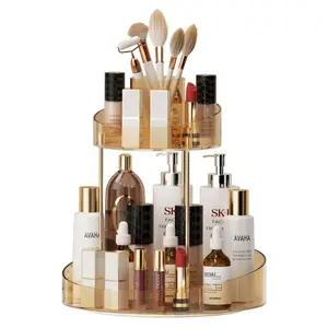 360° Rotating Makeup Organizer, 2 Tier Large Capacity Skincare and Makeup Organizers and Storage, Makeup Organizer for Vanity with Brush, Fits Vanity Shelf and Bathroom Countertops