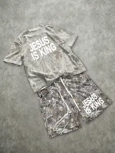 Men's Set Jesus Is King Camouflage Print T-Shirt Shorts, Summer Casual Streetwear, Vintage, Fitted Graphic Tee, Short Sleeve, Regular Length, Urban, Outfit, Menswear, Top
