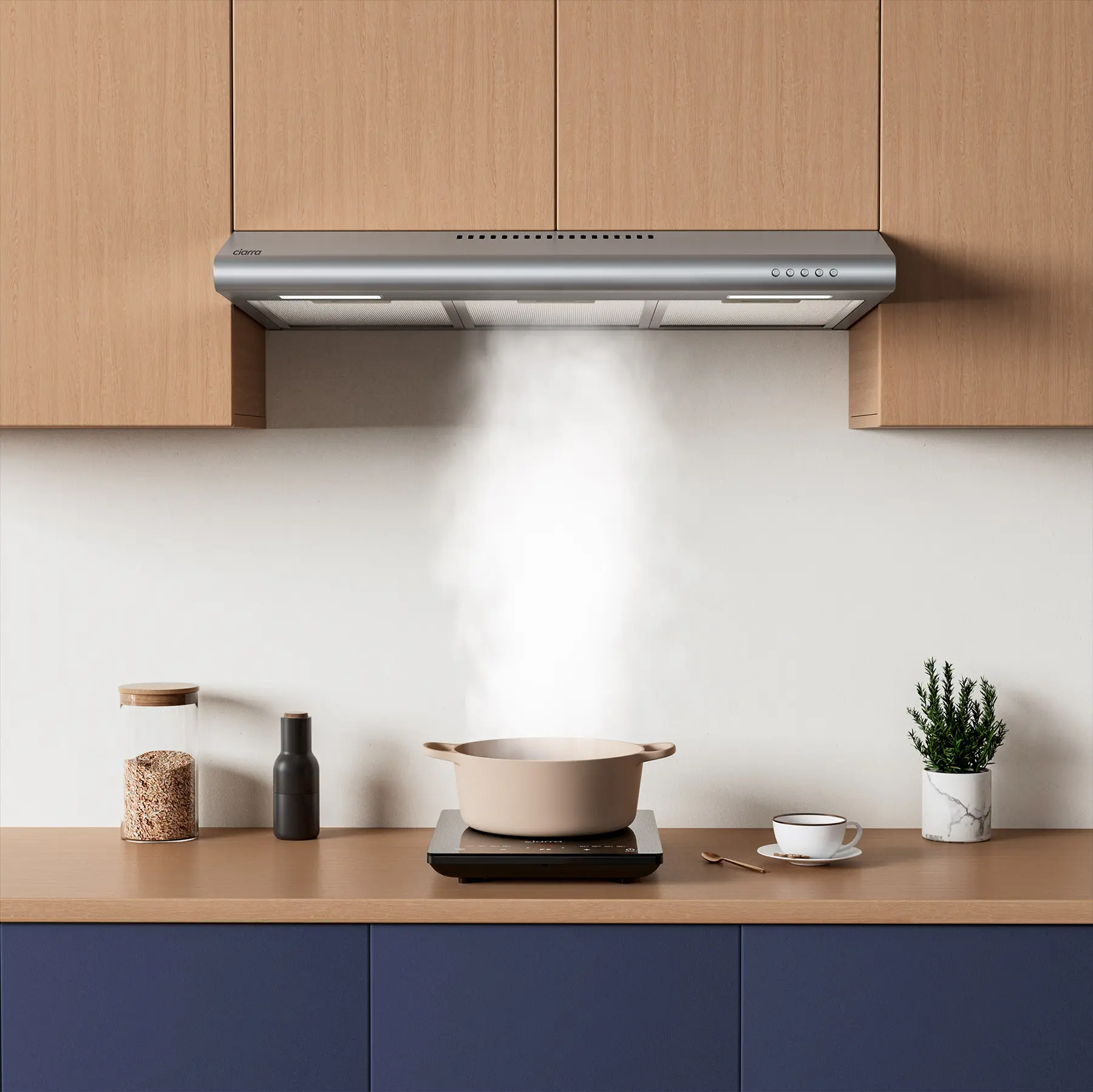Ciarra 30-Inch Low Profile Ventless Stainless Steel Under Cabinet Kitchen Hood - 200 CFM 3-Speed Motor, 3-Speed Versatility, Durable Large Household Appliance with Dishwasher-Safe Filters for Hassle-Free Cleaning, Quick Odor Neutralization