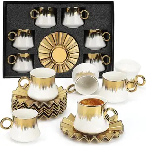 Coffee Cup Set of 6 with Saucers, 3.5 OZ Ceramic Espresso Cups, Deco Gold Trim Coffee Cup Gift for Cappuccino, Latte, Cafe Mocha and Tea, Dishwasher & Microwave Safe (White and Gold)