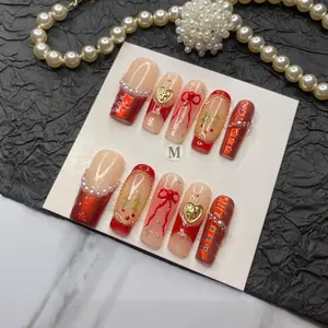 Scarlet Reliquary 10pc Long Square Press On Set Ruby Red Heart Lockets Pearls Crystal Trim Glossy Cherry Red Chrome Nails