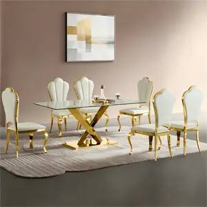 Modern 68.9" Gold Glass Dining Table for 4-6,Luxury Rectangular Kitchen Table with Clear Glass Desktop and Golden Mirrored Stainless Steel Base,Kitchen and Dining Room Office,Easy to Put Together(Only Table)