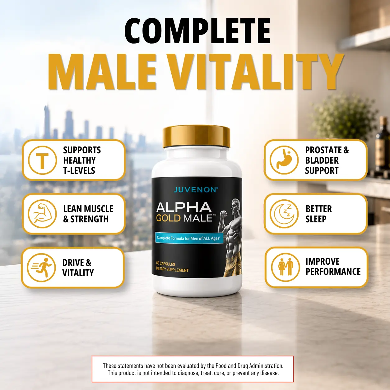 Juvenon Alpha Gold Male – Testosterone Support Supplement for Men with KSM-66 Ashwagandha, Fenugreek, Boron & Saw Palmetto – Lean Muscle, Strength, Drive, Prostate & Bladder Support – 60 Capsules, 30-Day Supply