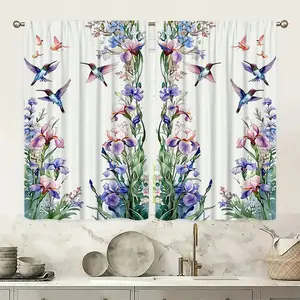 2 pieces of hummingbird and iris flower printed decorative curtains. They offer semi-transparent protection for privacy, are resistant to fading, durable against wrinkles, easy to clean, and are suitable for home decoration in bedrooms and living rooms.