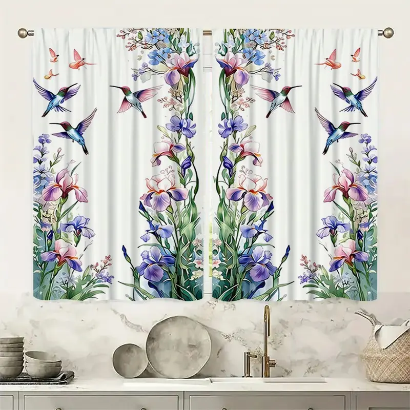 2 pieces of hummingbird and iris flower printed decorative curtains. They offer semi-transparent protection for privacy, are resistant to fading, durable against wrinkles, easy to clean, and are suitable for home decoration in bedrooms and living rooms.