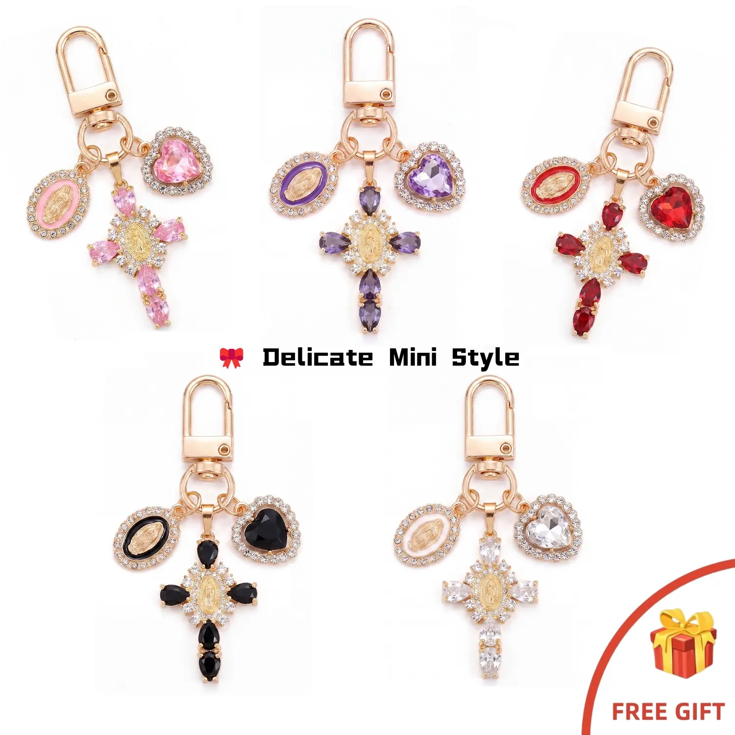 Virgin Mary Cross Keychain or Gold Necklace,Rose Gold Heart Crystal Bag Charm,Gold Cross Pendant Set Option,Catholic Religious Gift for Women,Confirmation Communion Gift
