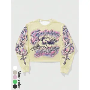 Retro angel rhinestone long sleeved sweatshirt, street style letter cross printed short top, fashionable and comfortable, back to school casual wearRAIMENTRY